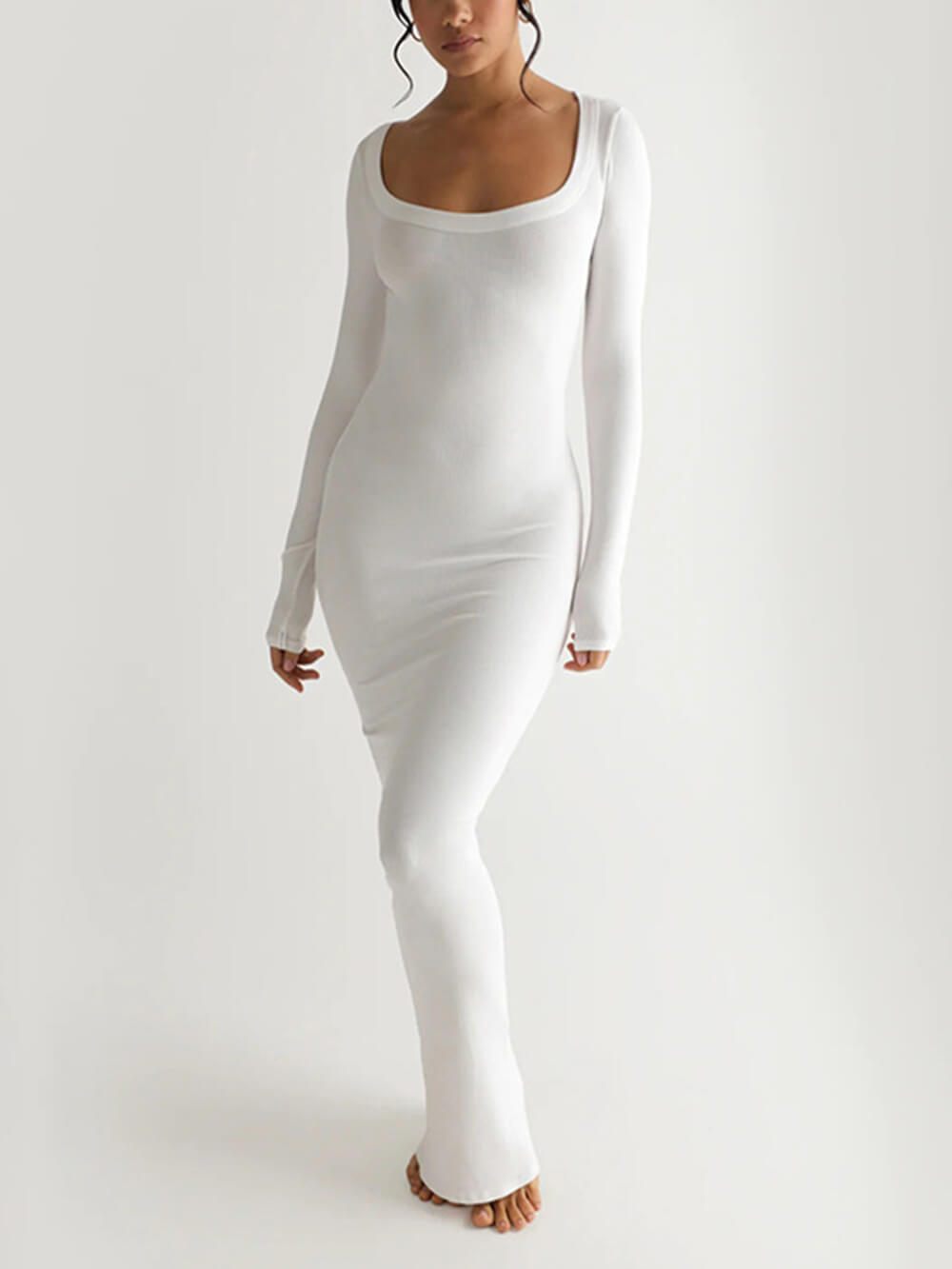 Solid strik firkantet hals langærmet maxikjole