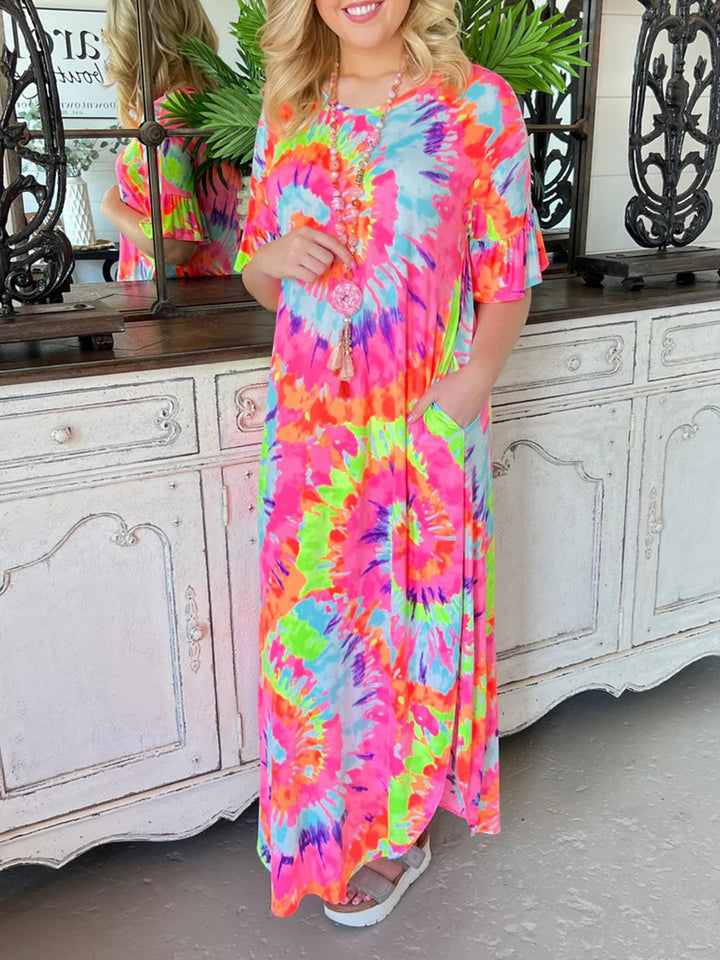 Tie-dye posisjonering tilfeldig V-hals pullover skjørt kortermet langt skjørt