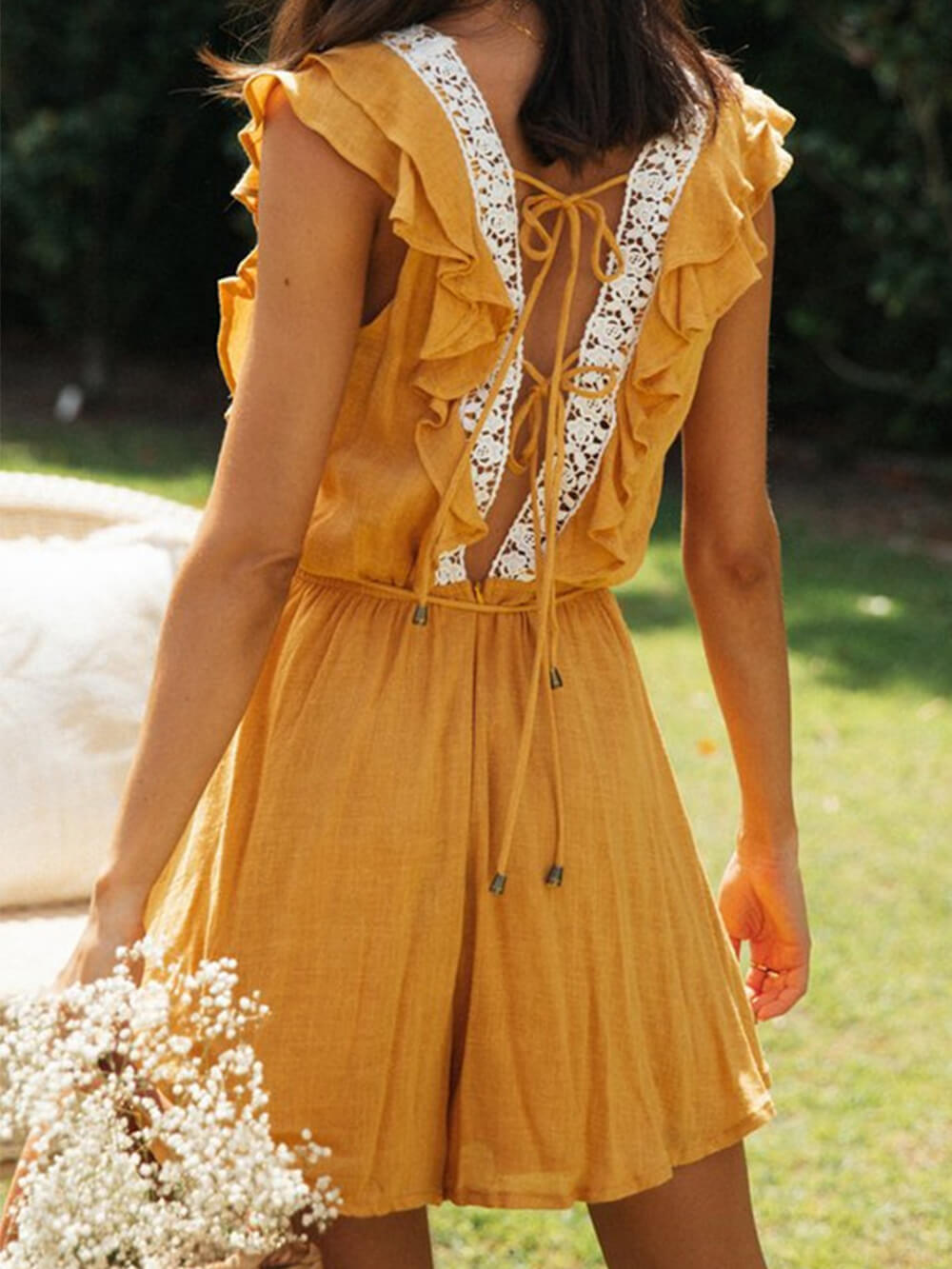 Square Neck Spëtzekleeder Patchwork Jumpsuit