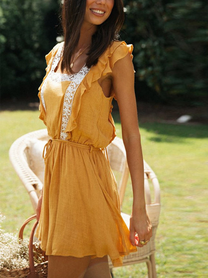 Square Neck Spëtzekleeder Patchwork Jumpsuit