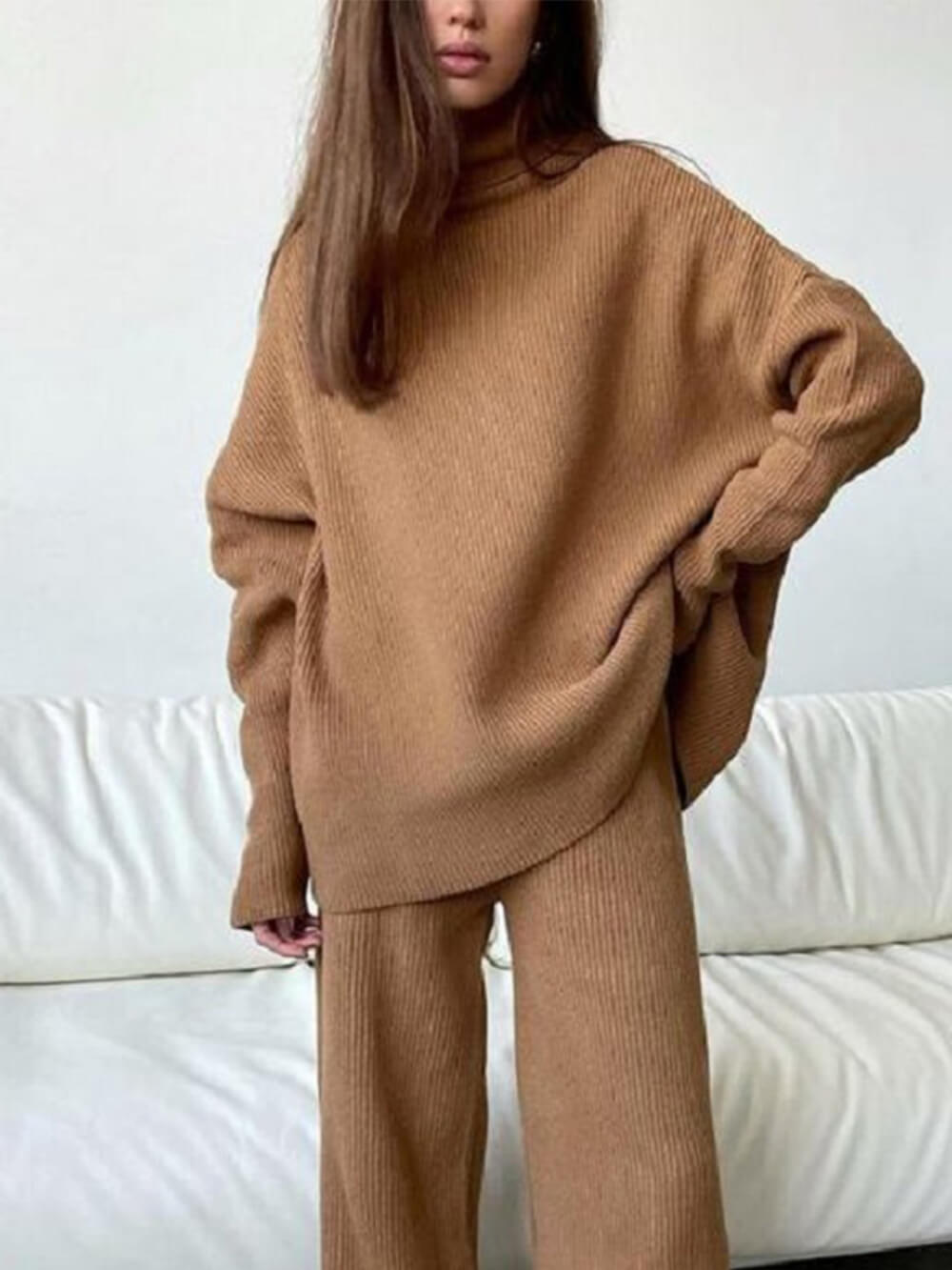 Loose turtleneck knitted casual two-piece set