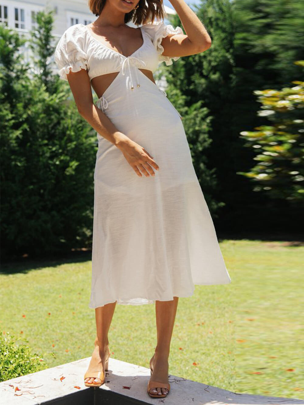 Jednobarevné midi šaty s princeznovým rukávem