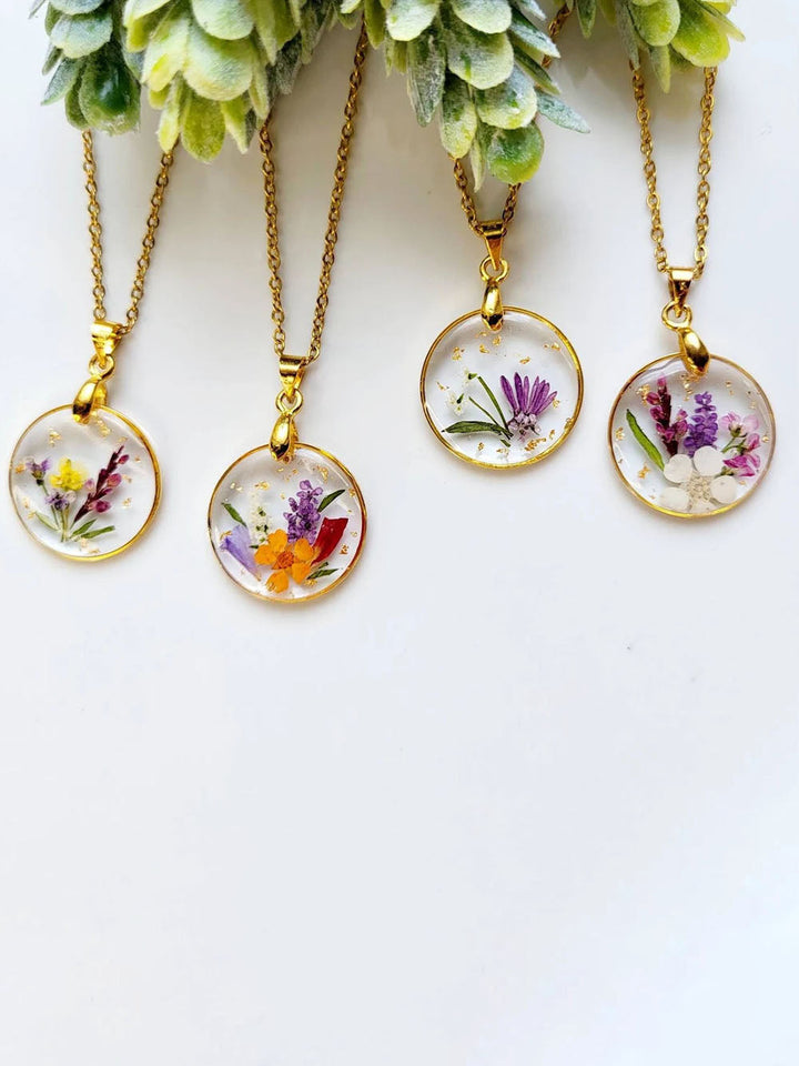Resin Pressed Flower Necklaces - Handmade Birth Flower Bouquet