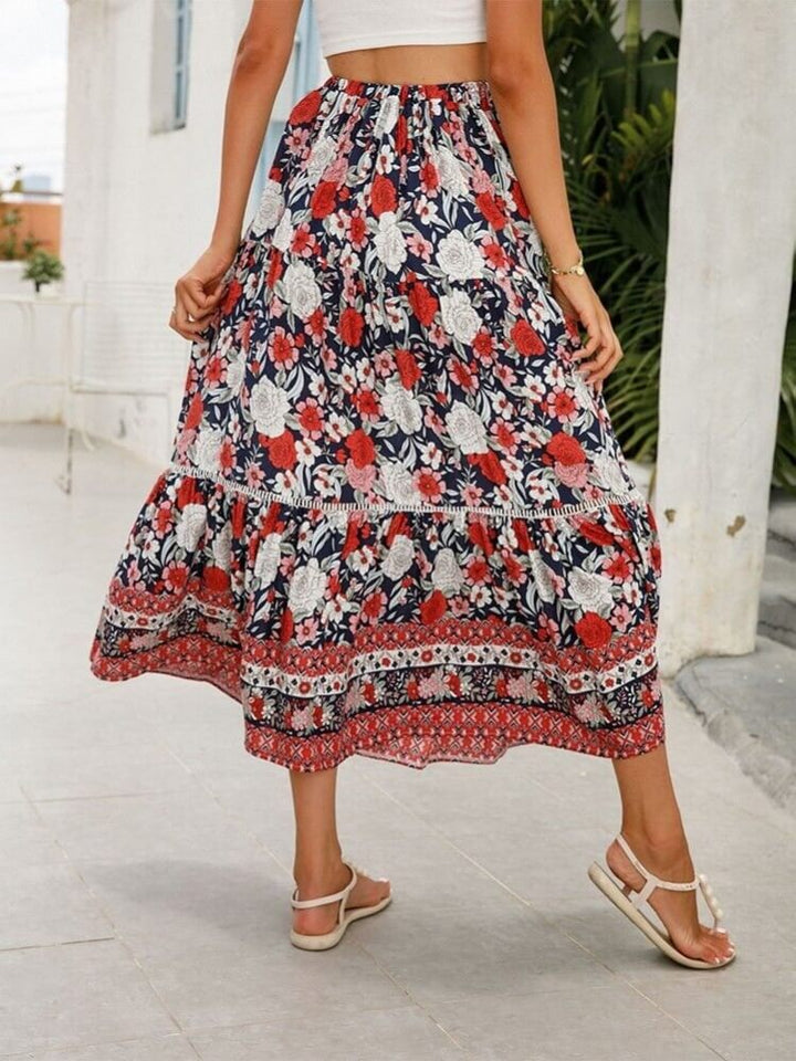 Romantic Red Floral Tiered Skirt
