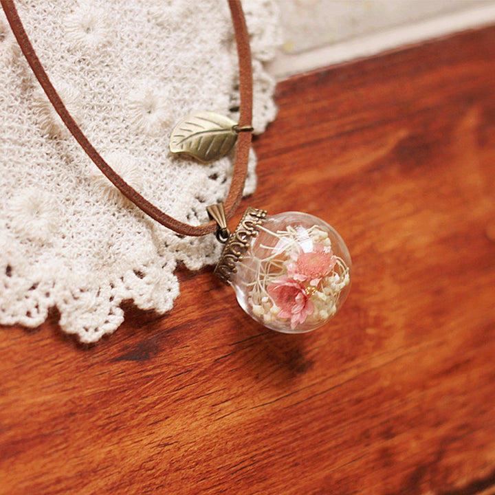 Resin Pressed Flower Necklaces - Crystal Ball Pink Girl Garden