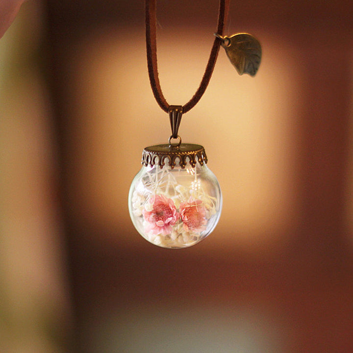 Resin Pressed Flower Necklaces - Crystal Ball Pink Girl Garden