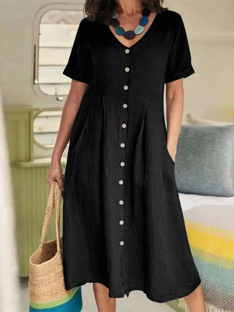V Neck Linen Button-Down Midi Dress with Pocket In Black