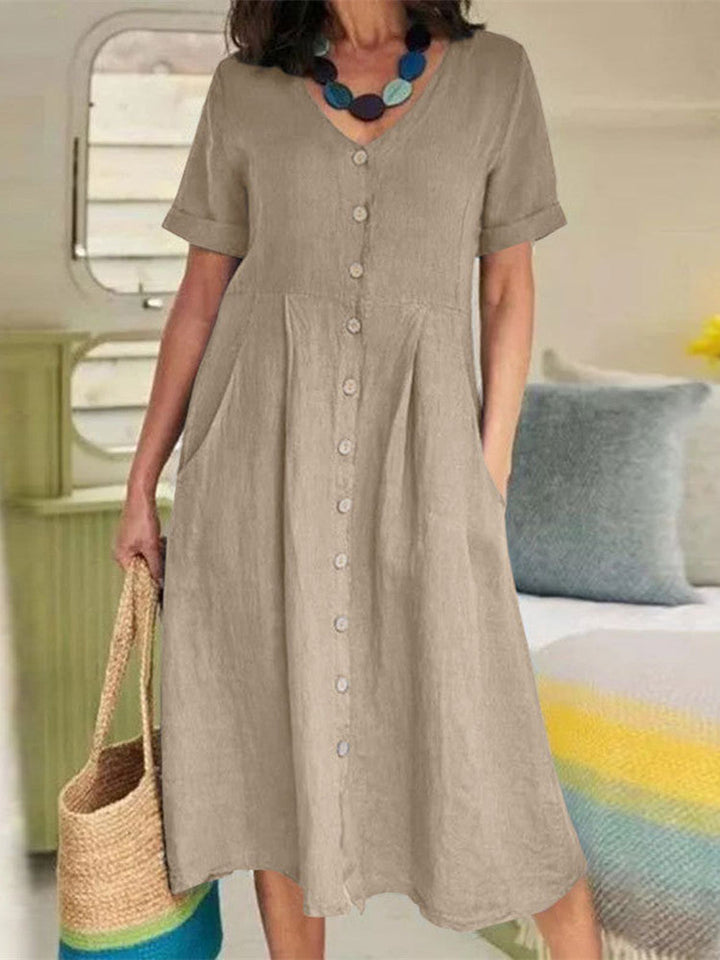 V Neck Linen Button-Down Midi-kjole med lomme i khaki