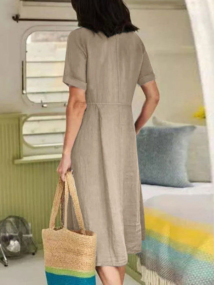 V Neck Linen Button-Down Midi Dress with Pocket In Khaki