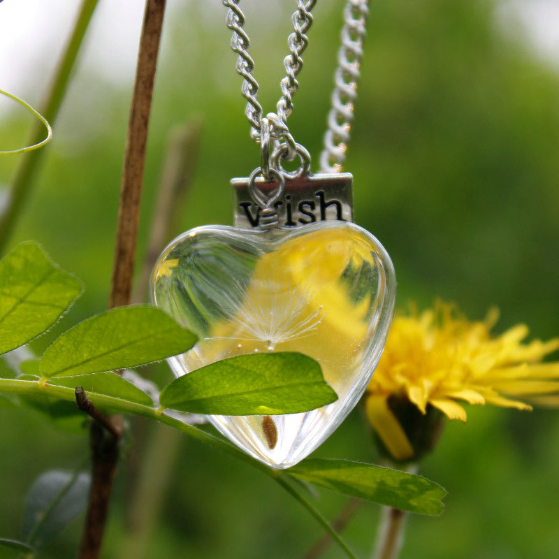 Resin Pressed Flower Necklaces - Heart Crystal Dandelion