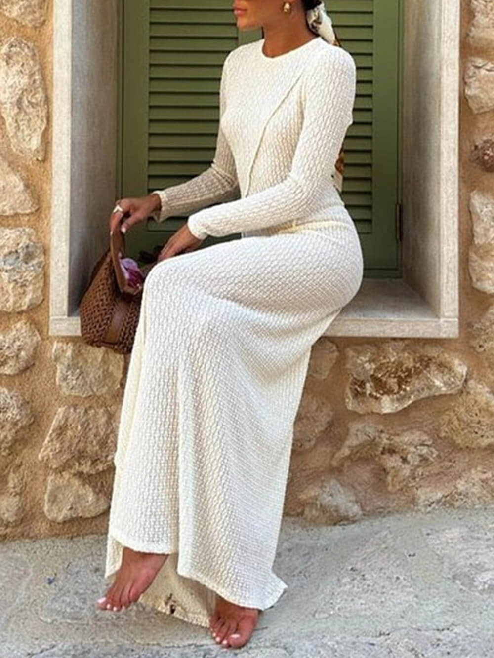 Robe longue à manches longues et à panneaux en jacquard dos nu