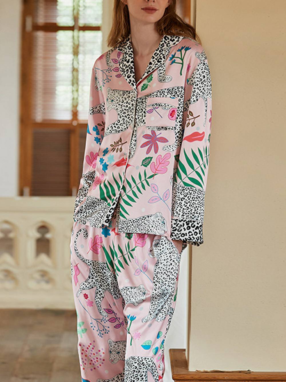 Dressing Pink Snow Leopard Silk Pajama Set