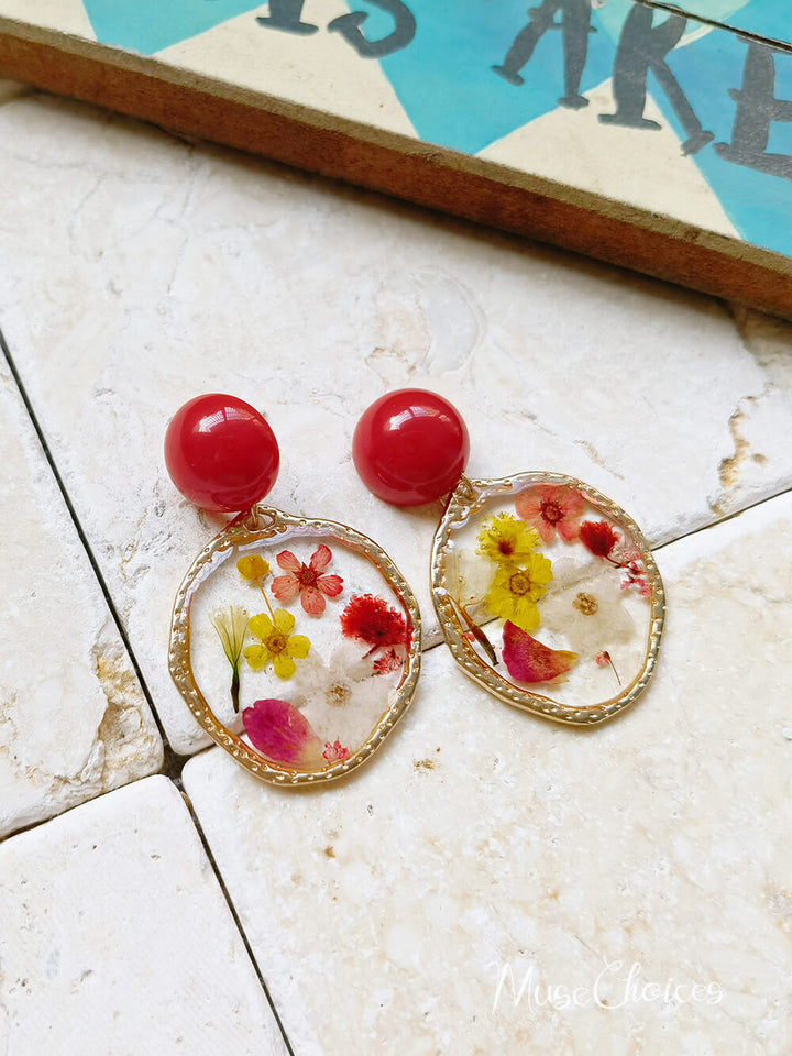 Resin Pressed Flower Earrings - Red Garden Party