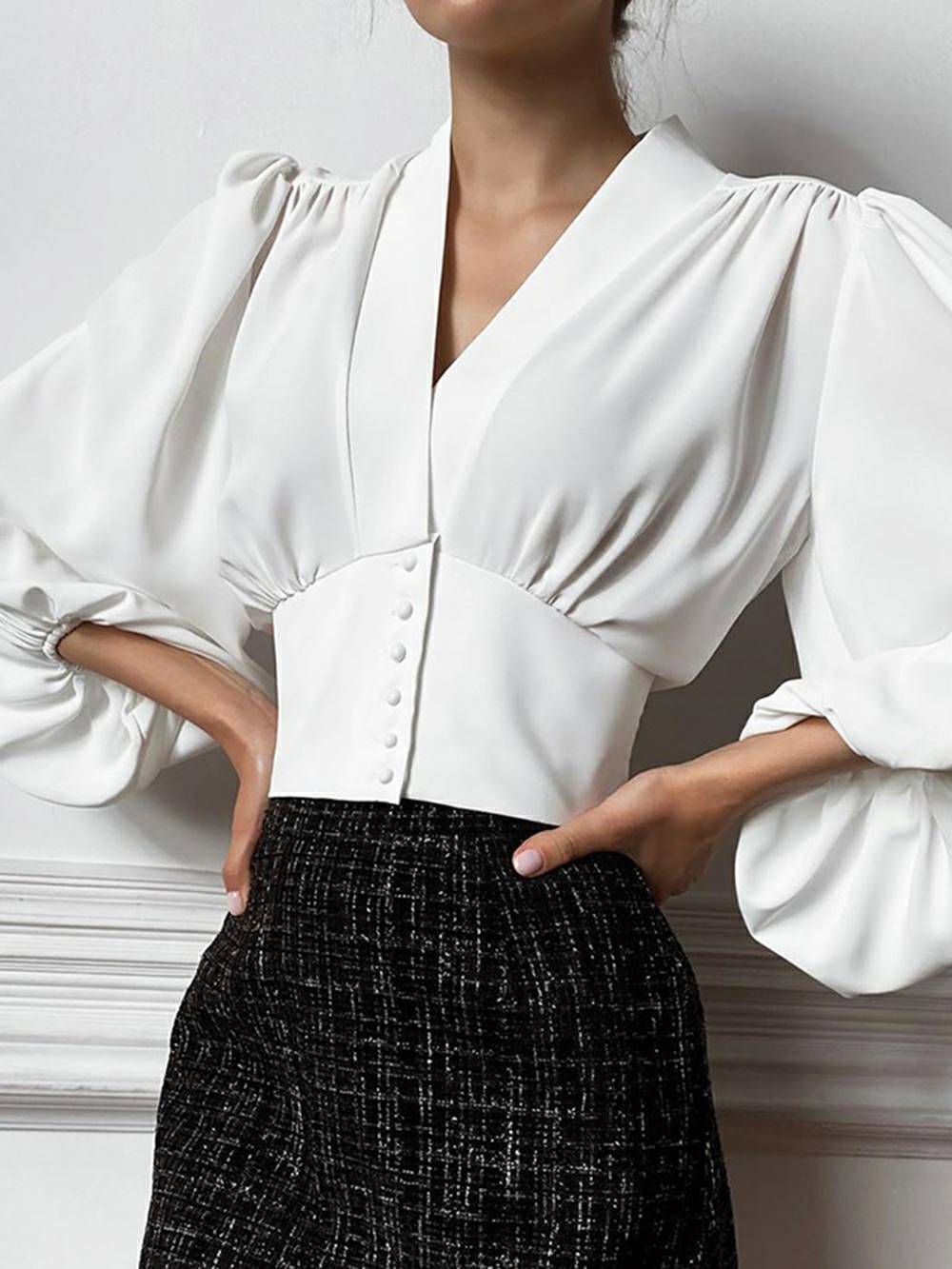 White V Neck Puff Long Sleeve Corset Top
