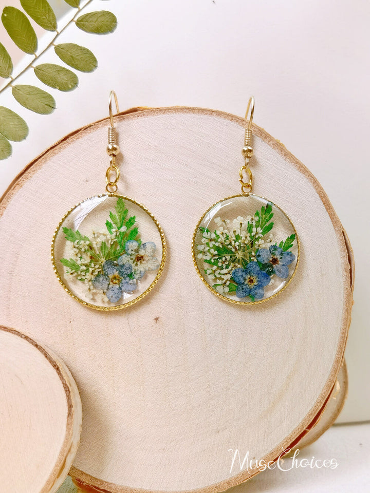 Resin Pressed Flower Earrings - Forest Forget Me Not