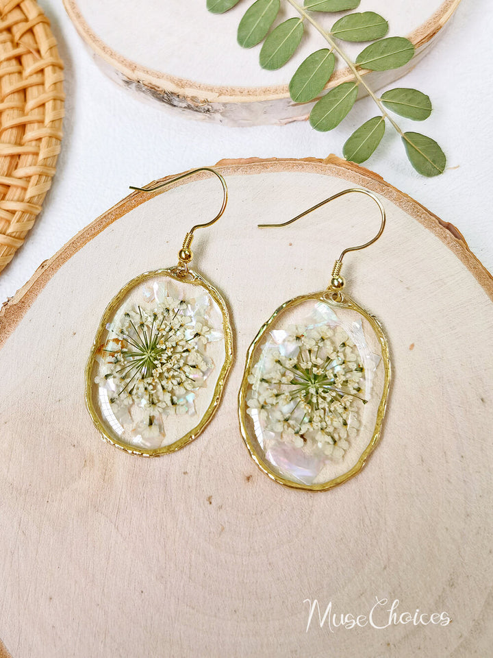 Resin Pressed Flower Earrings - Gold Shell Queen Anne's Lace