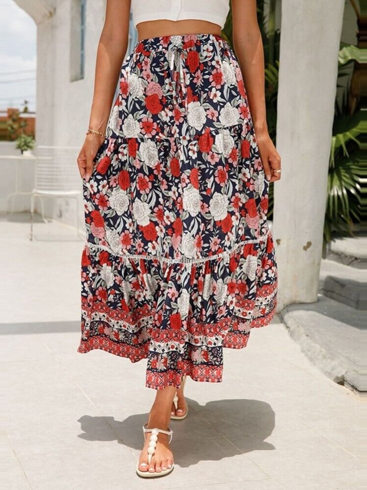 Romantic Red Floral Tiered Skirt