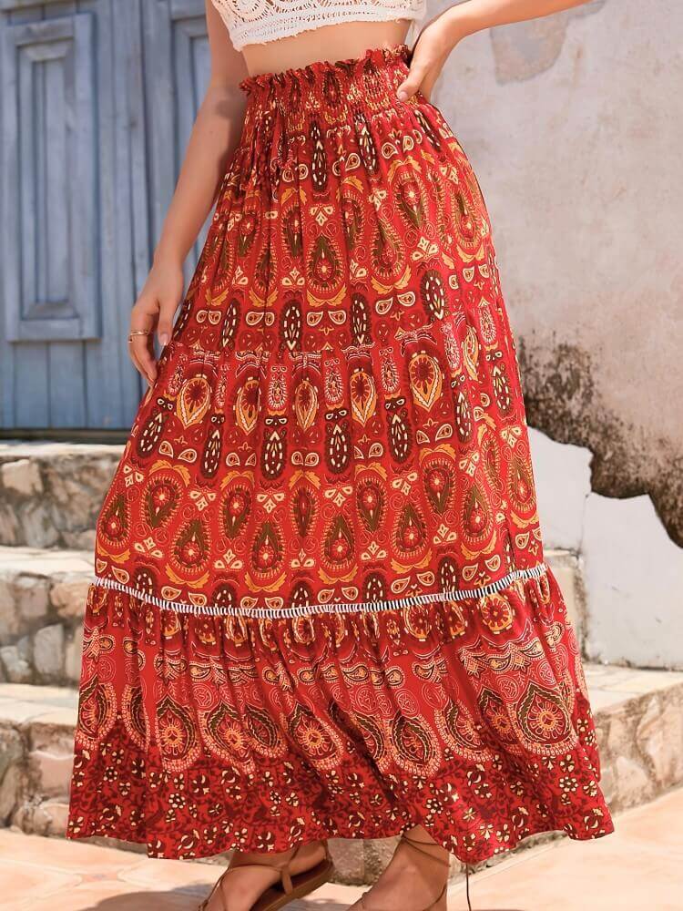 Bohemian Shirred High Waist Skirt In Red