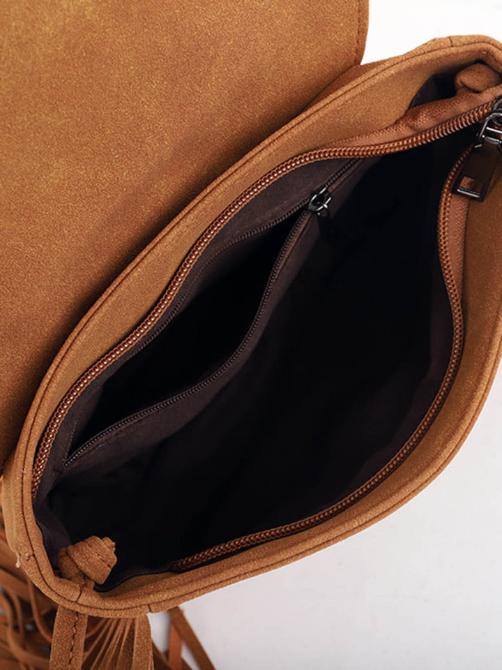 Woven Semi Circular Leather Tassel Crossbody Bag