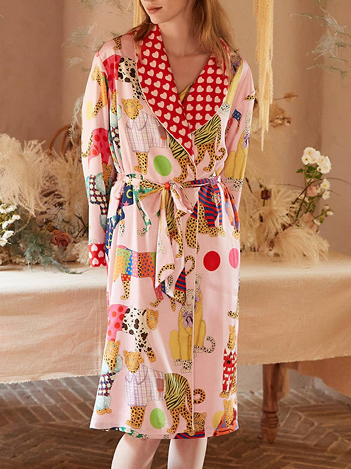 Dressing Leopard Print Silk Robe Set