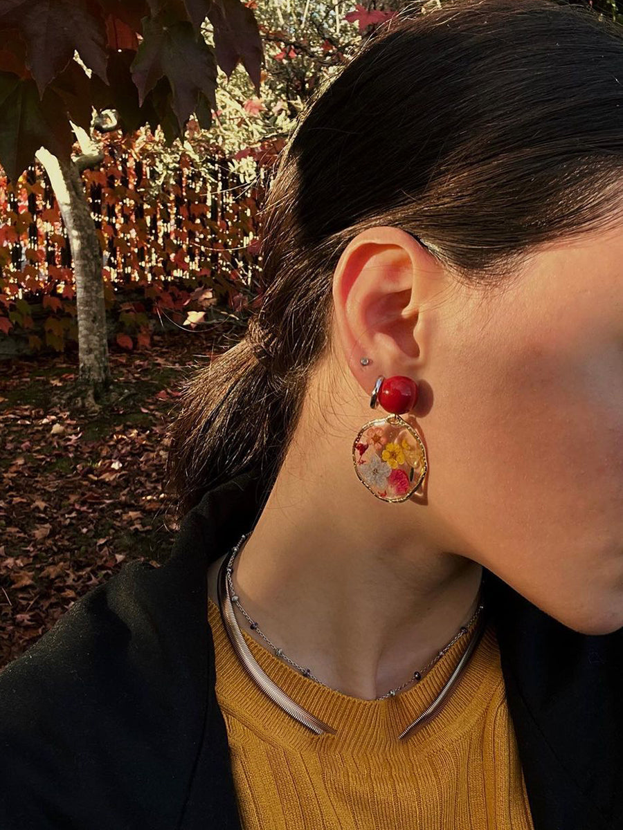 Resin Pressed Flower Earrings - Red Garden Party