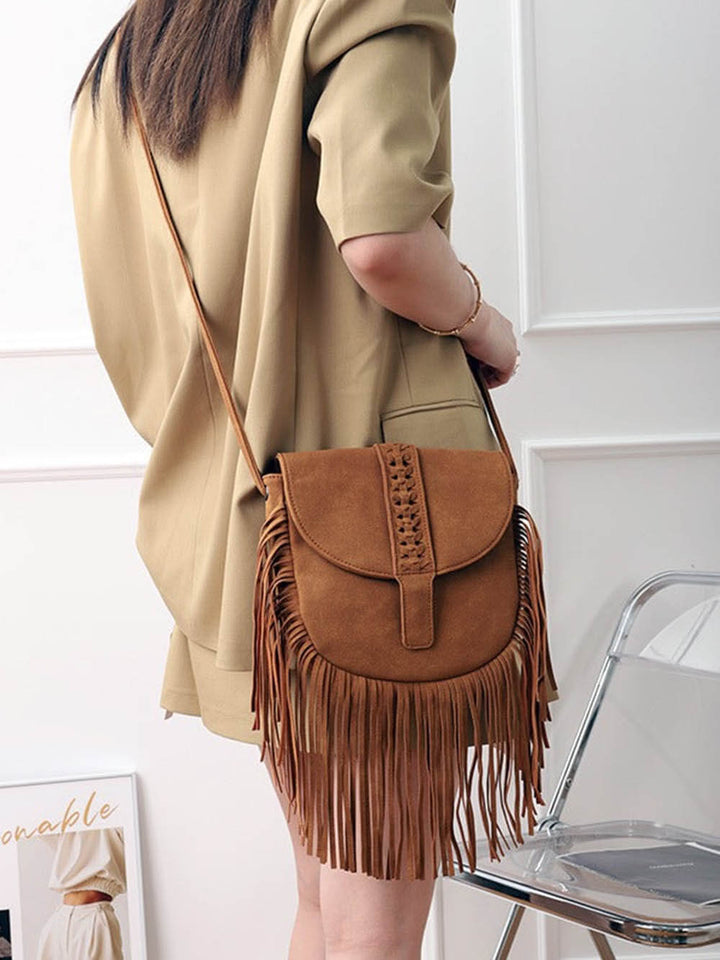 Woven Semi Circular Leather Tassel Crossbody Bag