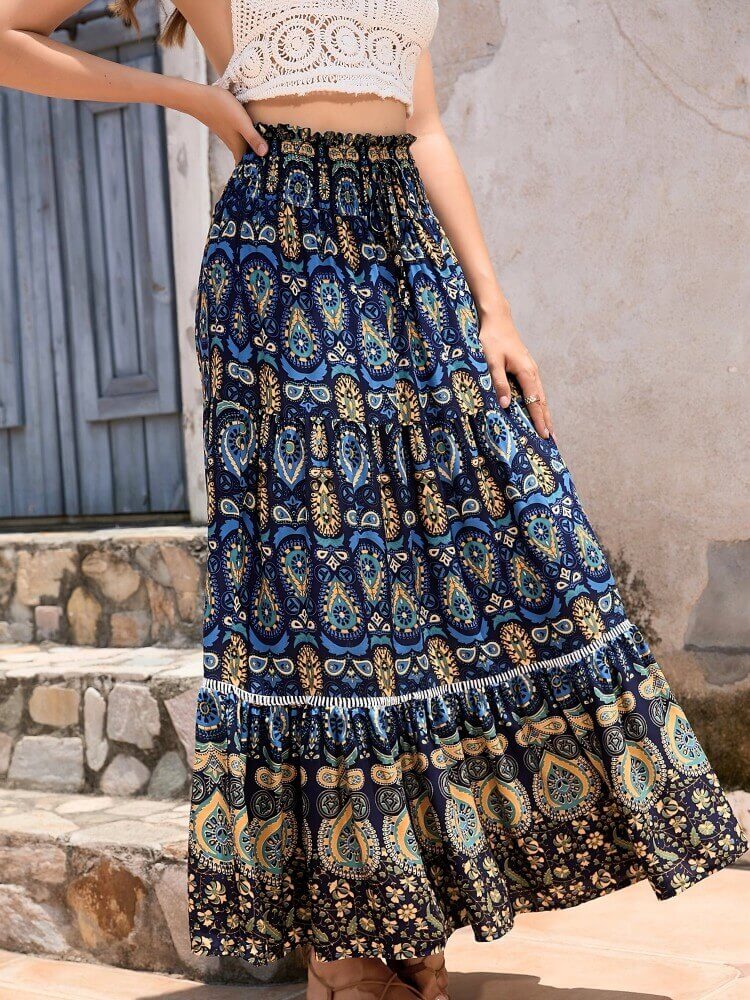 Bohemian Shirred High Waist Skirt In Blue