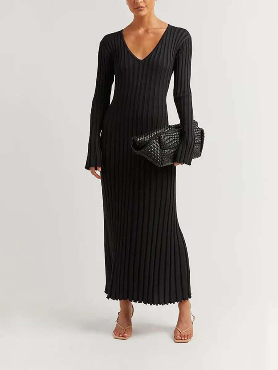 V Neck Flounce Sleeve Pit Strip Knitting Maxi Dress