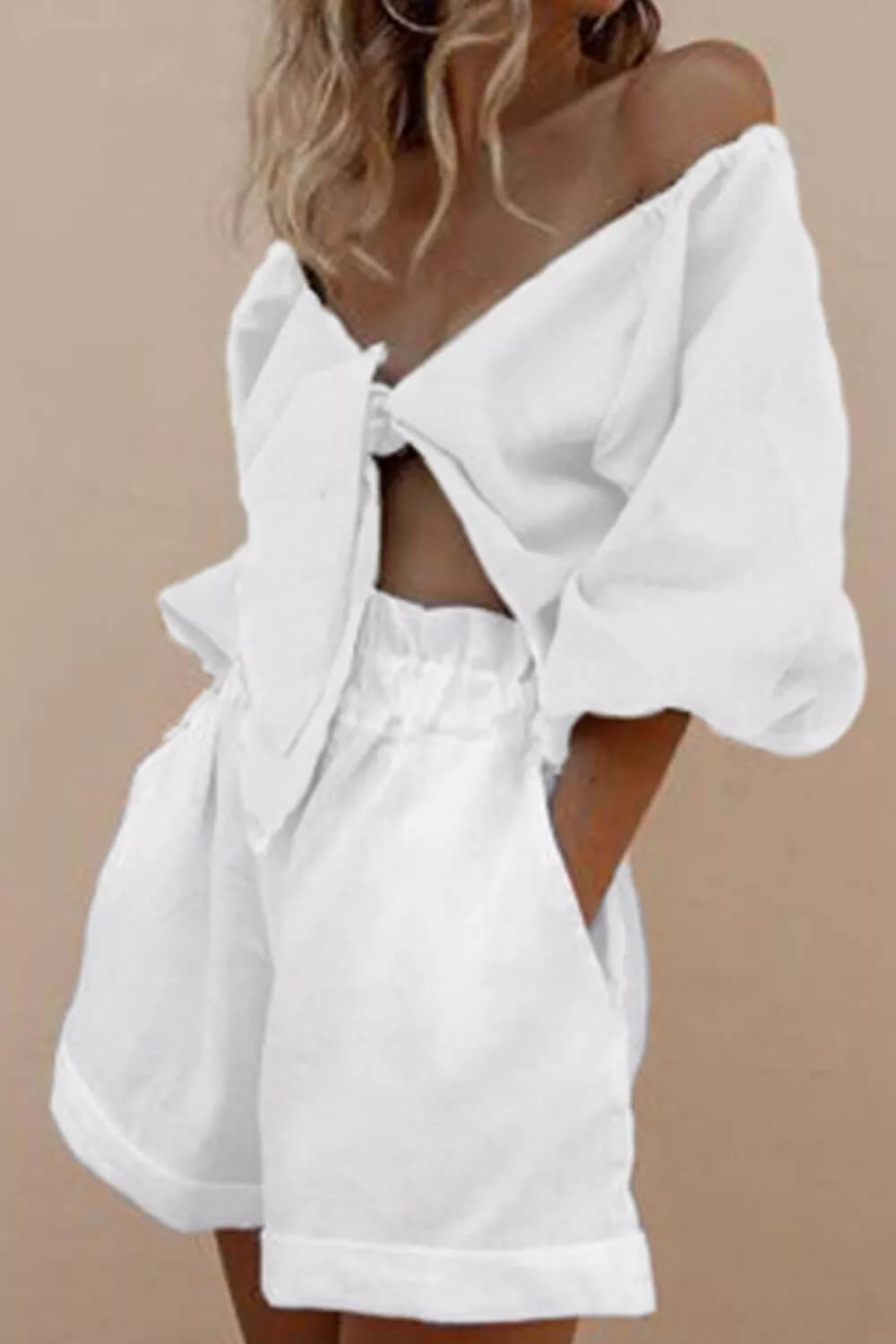 Linen Wrap Front Tie Puff Sleeve Shorts Sets In White