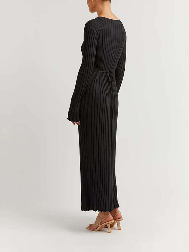 V Neck Flounce Sleeve Pit Strip Knitting Maxi Dress