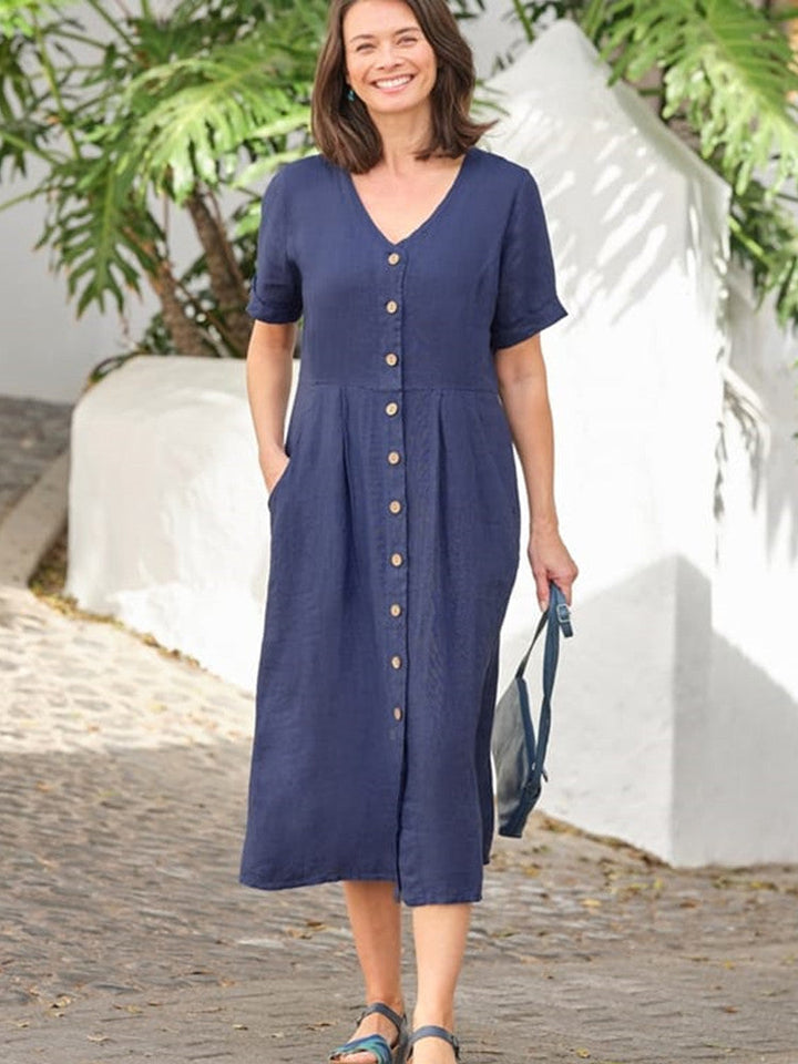 V Neck Linen Button-Down Midi Dress with Pocket In Navy