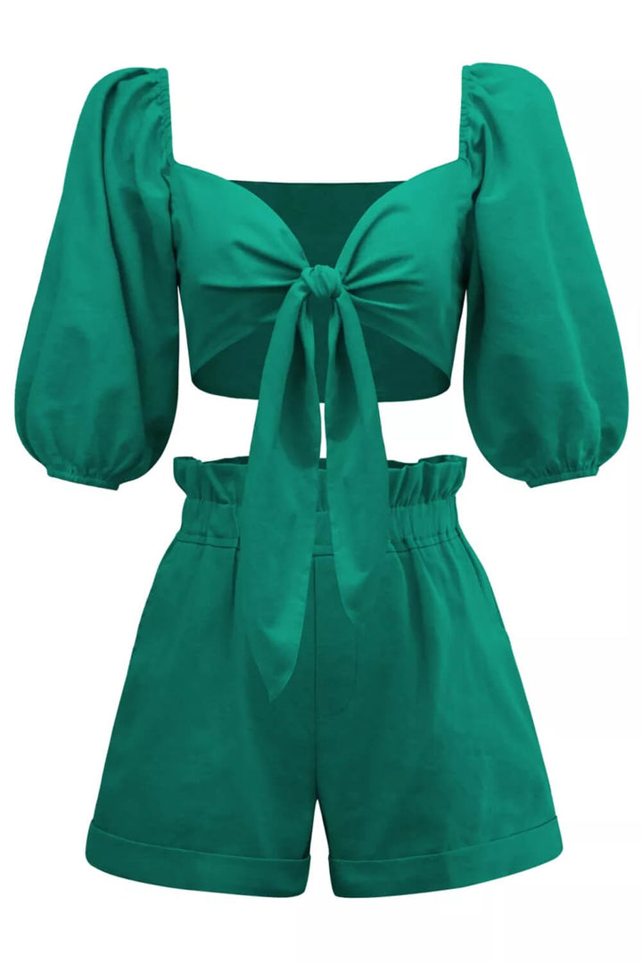 Linen Wrap Front Tie Puff Sleeve Shorts Sets In Green