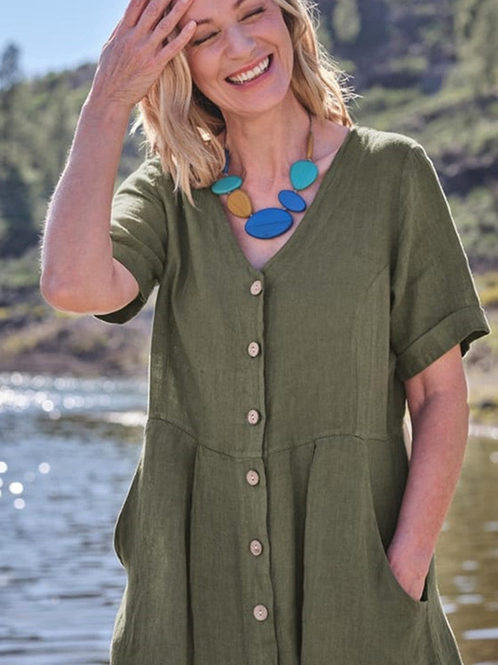 V Neck Linen Button-Down Midi Dress with Pocket In Khaki Green