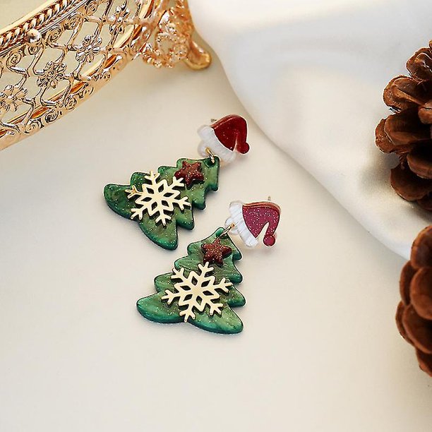 Christmas Earrings Hat & Snowflake Decor Tree