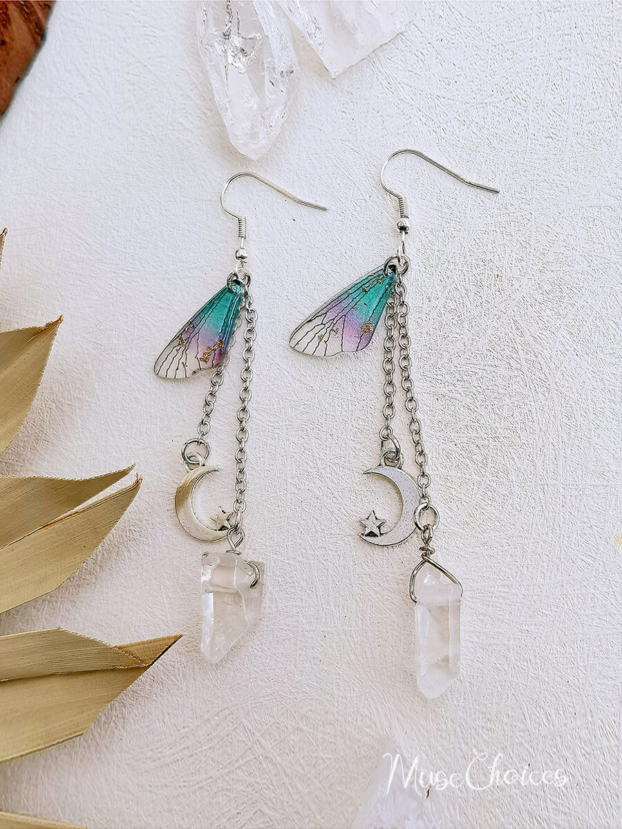 Butterfly Wing Moon Crystal Tassel Boho Earrings