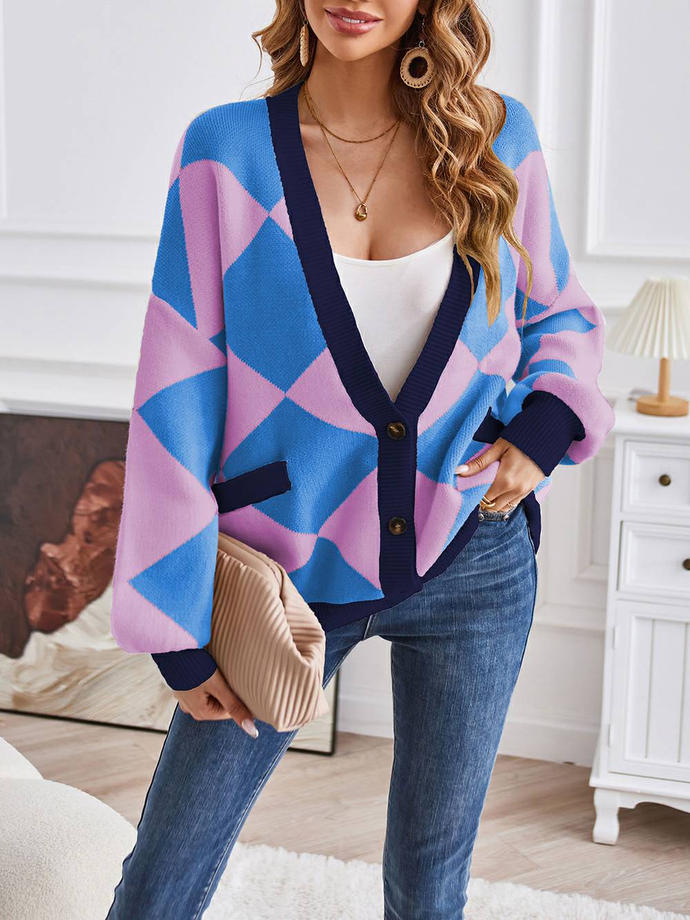 V-Neck Geometric Color Block Knit Cardigan