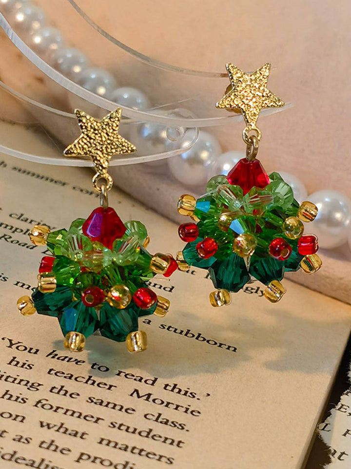 Beaded Christmas Tree With Gold Star Studded Dangled Drop Earrings