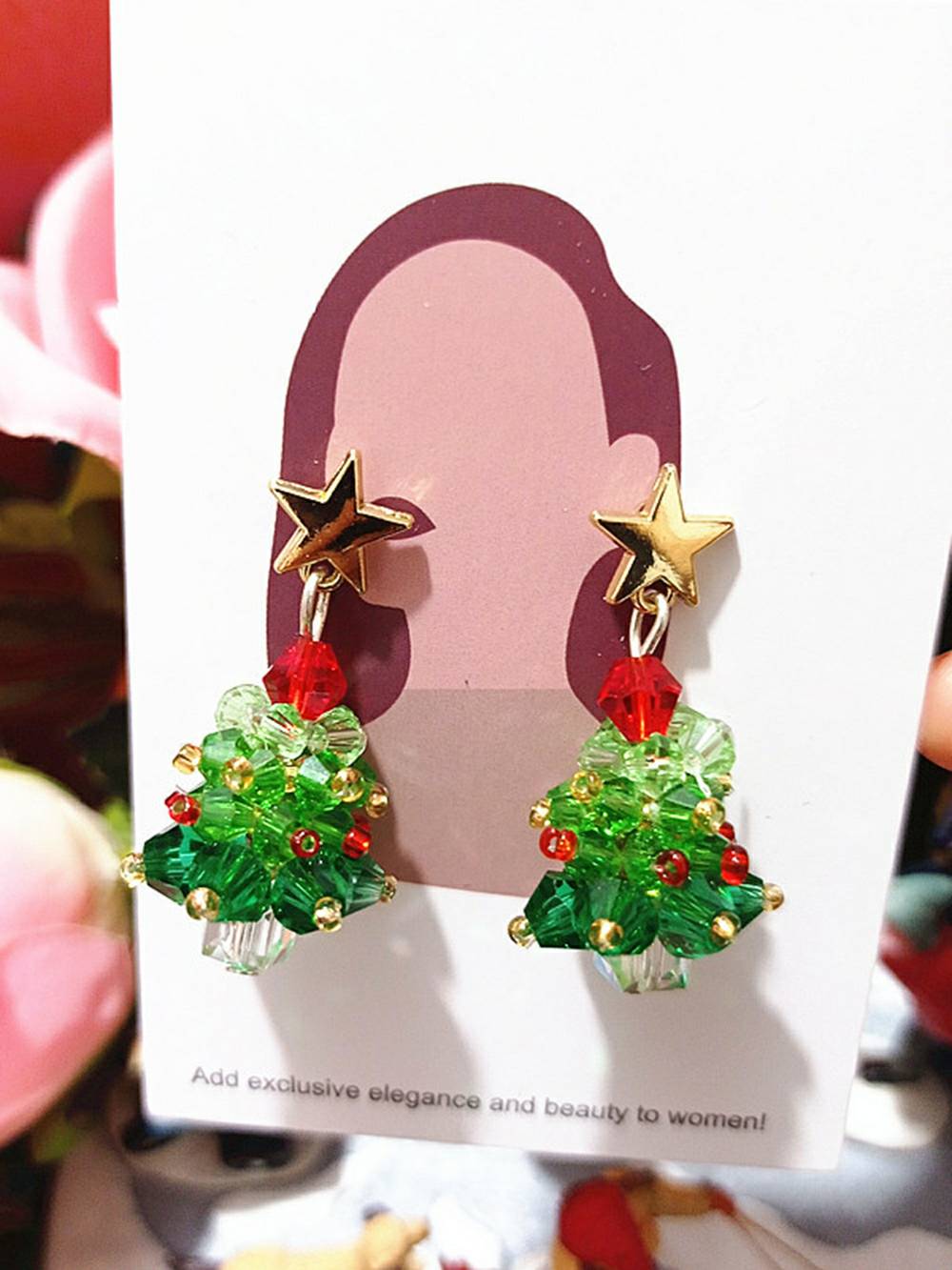 Beaded Christmas Tree With Gold Star Studded Dangled Drop Earrings