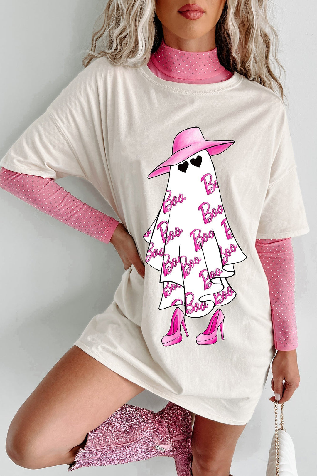 Girly Ghost Oversized Graphic T-Shirt Dress (Vanilla)