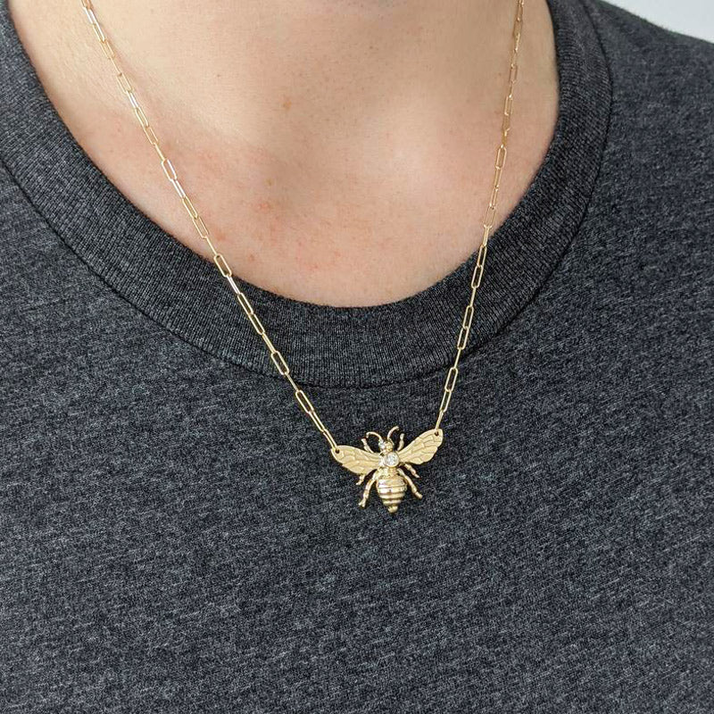 Statement Boho Necklace - Bee Zircon Paperclip Chain