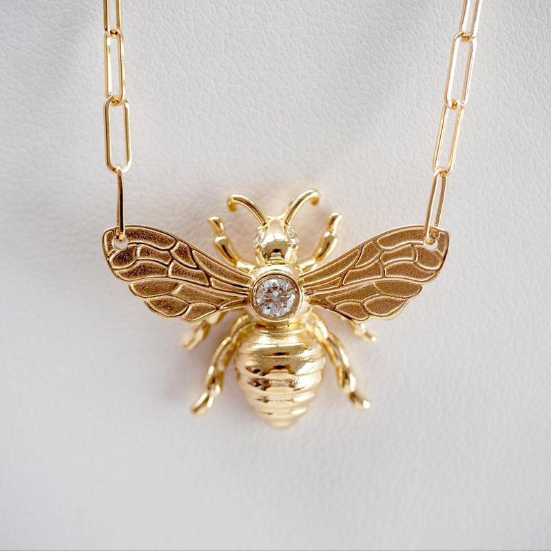 Statement Boho Necklace - Bee Zircon Paperclip Chain