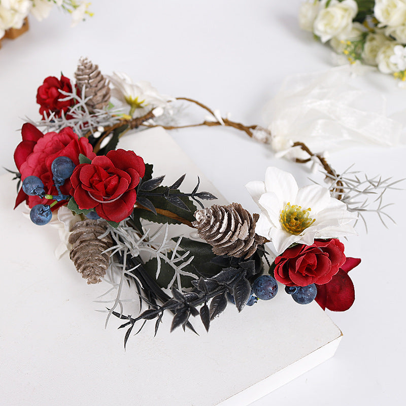 Bridal Flower Crown - Christmas Red Roses Pine Cones Blueberry