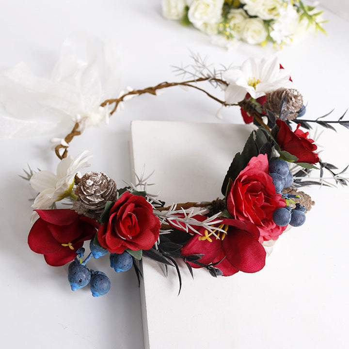 Bridal Flower Crown - Christmas Red Roses Pine Cones Blueberry