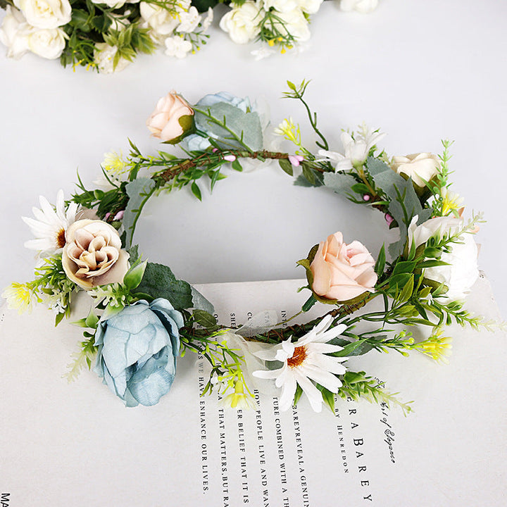 Bridal Flower Crown - Blush Dusty Blue Roses & White Daisy
