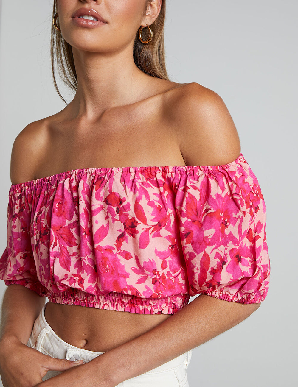 Off Shoulder Puff Sleeve Shirred Top In Pink Floral