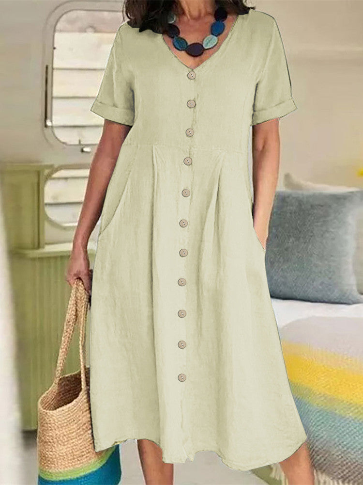 V Neck Linen Button-Down Midi Dress with Pocket