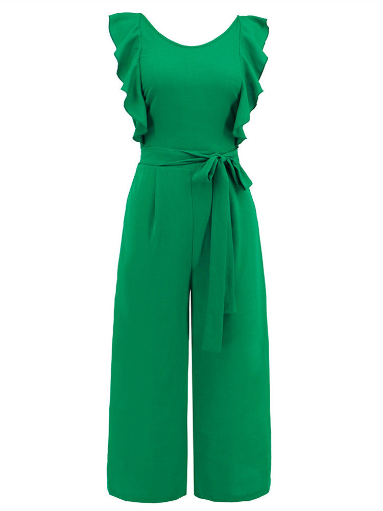 Ruffle Detail Belted Culotte Midi Straight Jumpsuit
