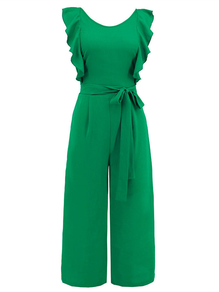 Ruffle Detail Belted Culotte Midi Straight Jumpsuit