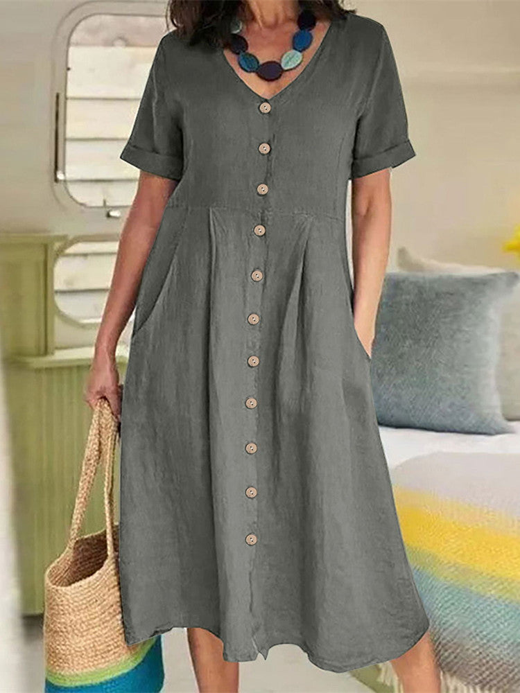 V Neck Linen Button-Down Midi Dress with Pocket