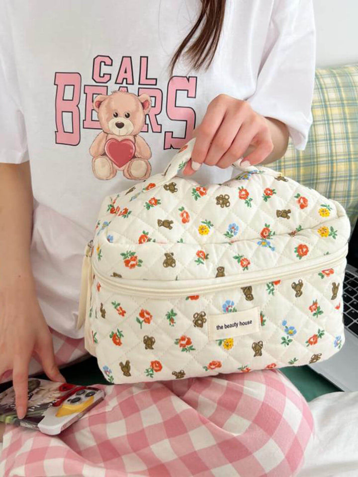 Portable Large Capacity Floral Bear Makeup Bag